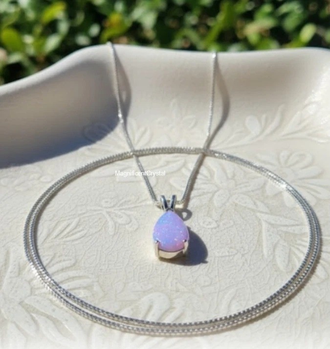 Dainty Opal Purple Pendant Teardrop Minimalist Opalite Necklace Women Jewelry