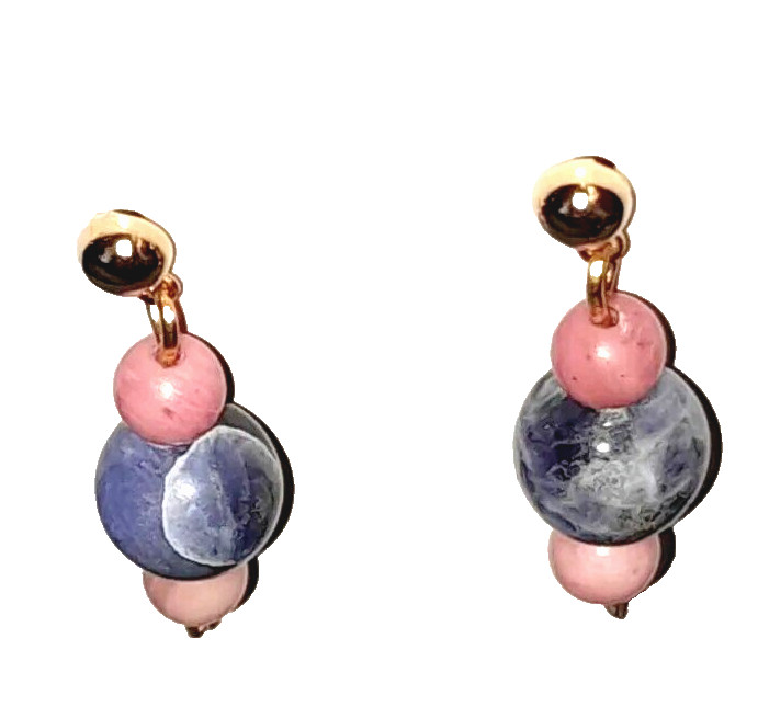 Pink Rhodonite blue sodalite new stone post earrings yelllow gold plated