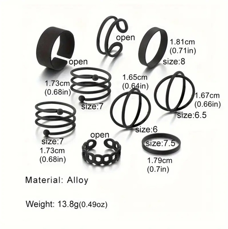 9pc Stackable Ring Set Alloy Geometry Spiral Rings Gothic Style Black Accessory