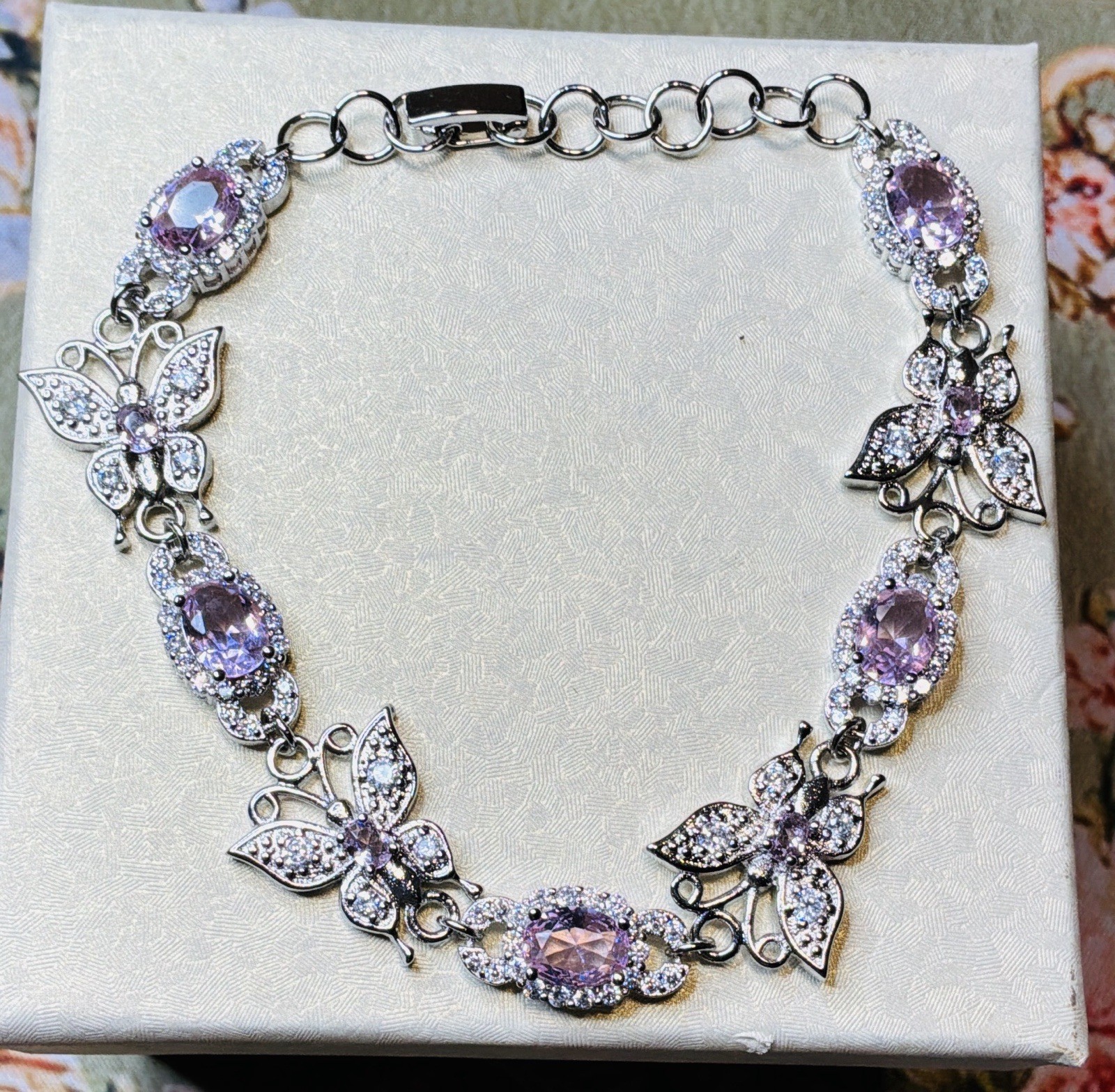 PINK TOPAZ BUTTERFLY BRACELET – 13.1ctw – SILVER SETTING – WRIST SIZE 7.5” !!!