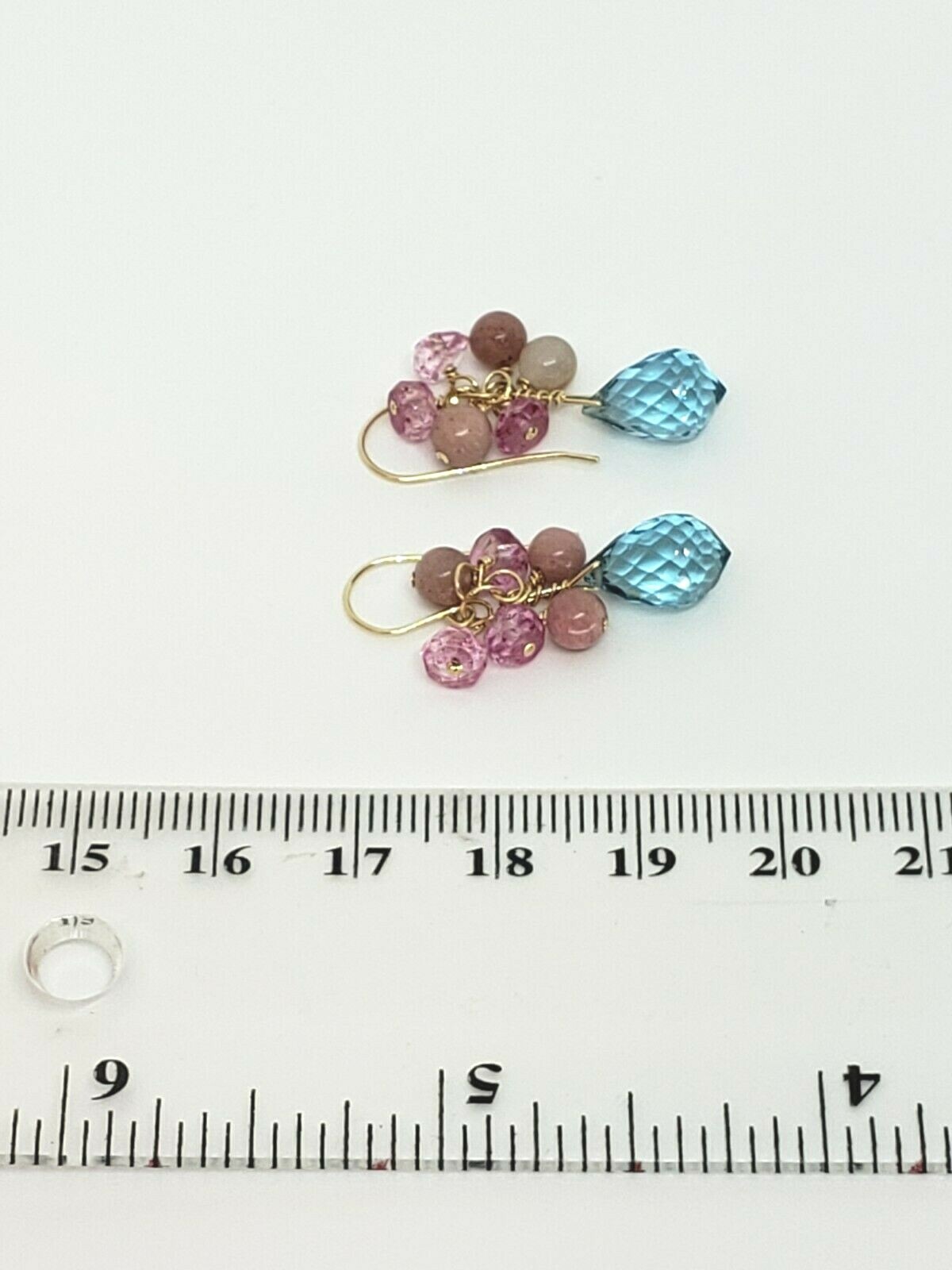 14k Yellow Gold Blue and Pink Topaz Pink Peruvian Opal Cluster Dangle Earrings