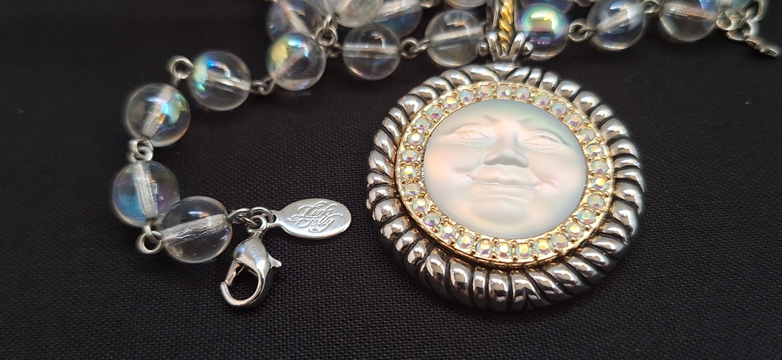 KIRKS FOLLY SEAVIEW OPALESCENT MOON FACE ENHANCER PENDANT ARORA BEAD SILVER GOLD