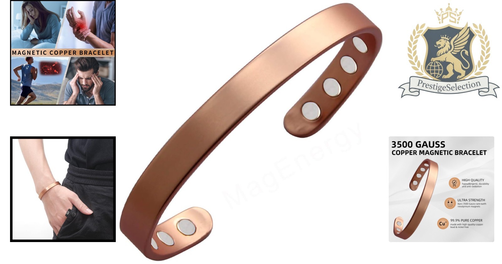 99.9% Pure Copper Magnetic Bracelet for Wellness – Adjustable 6.8 Inch Bangle