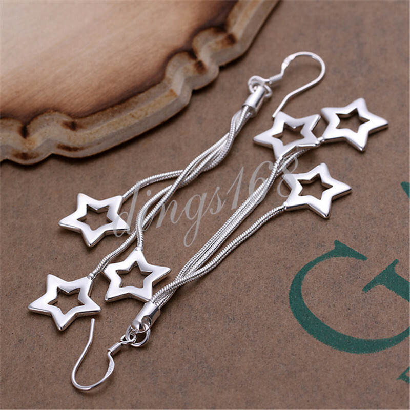 925 Sterling Silver Tarnish-Resist 3 Open Star 3″ Very Long Dangle Earrings C867