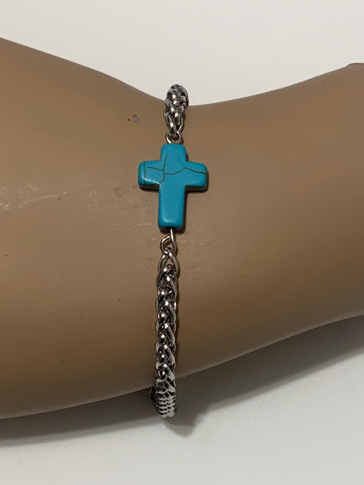 Turquoise Howlite Stone CROSS BRACELET Stainless Steel Spiga Wheat Chain 7-8 NEW