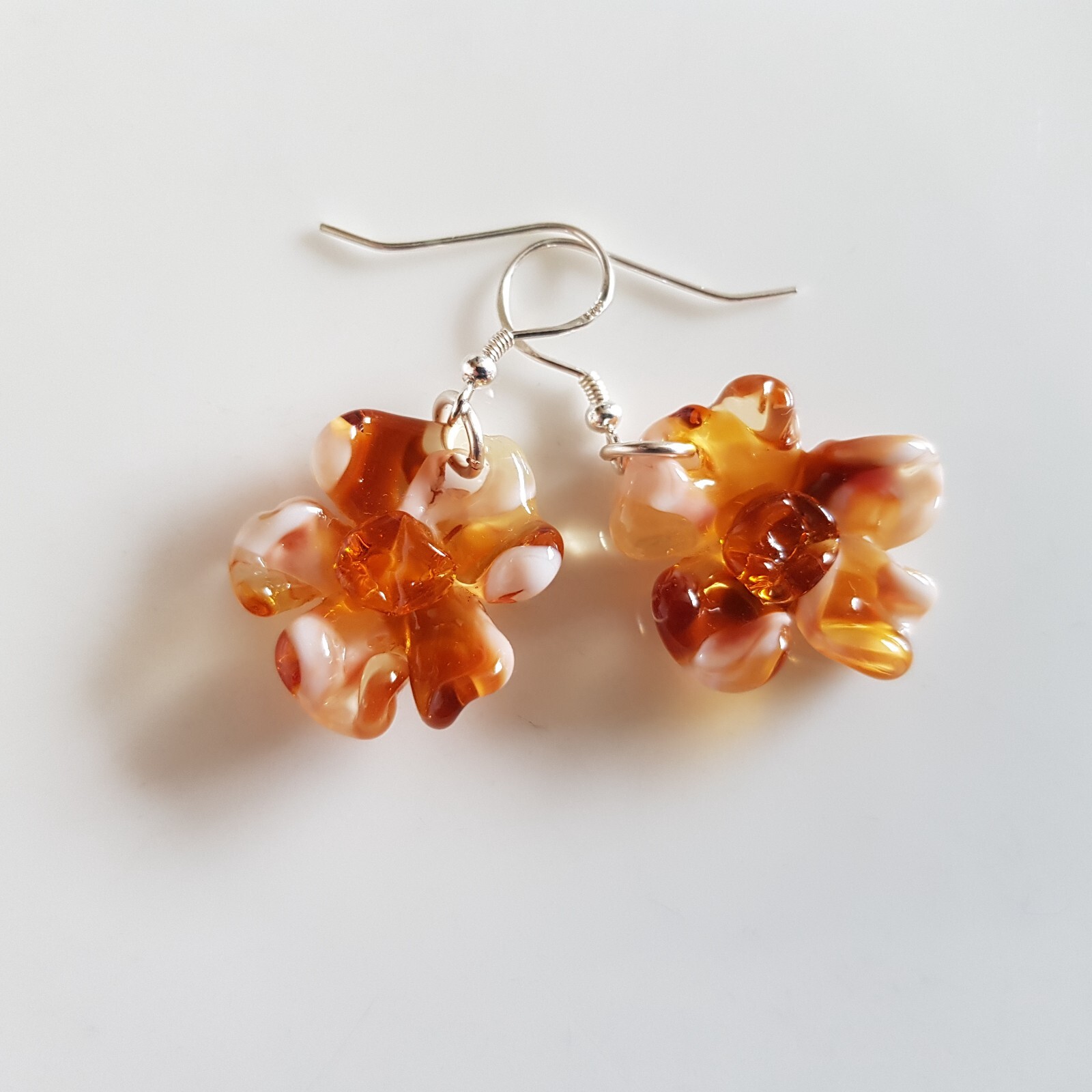 Dangle Drops Earrings Flowers Tea Brown Colors Murano Glass 925 Silver Hooks