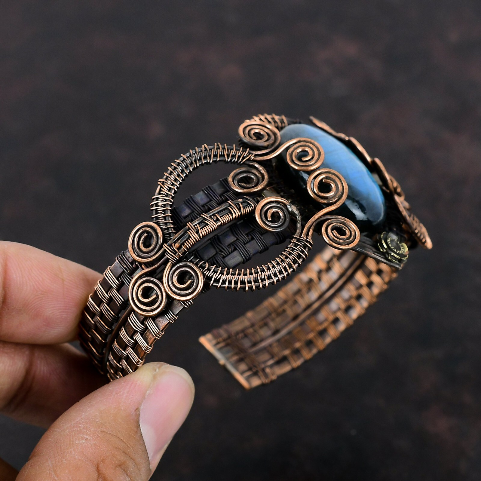 Labradorite Jewelry Copper Gift For Friend Wire Wrapped Adjustable Bangle