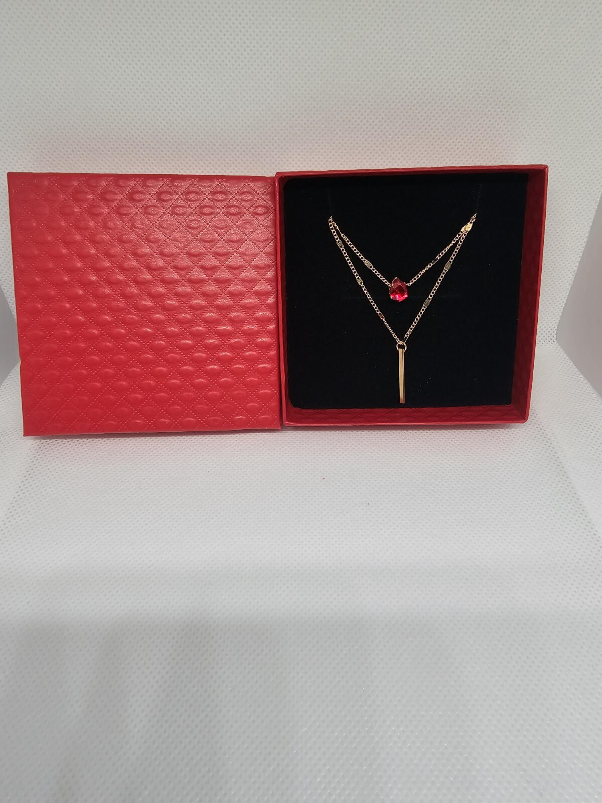 Everyday wear casual ladies Y-drop necklace jewellery red stone gold gift box