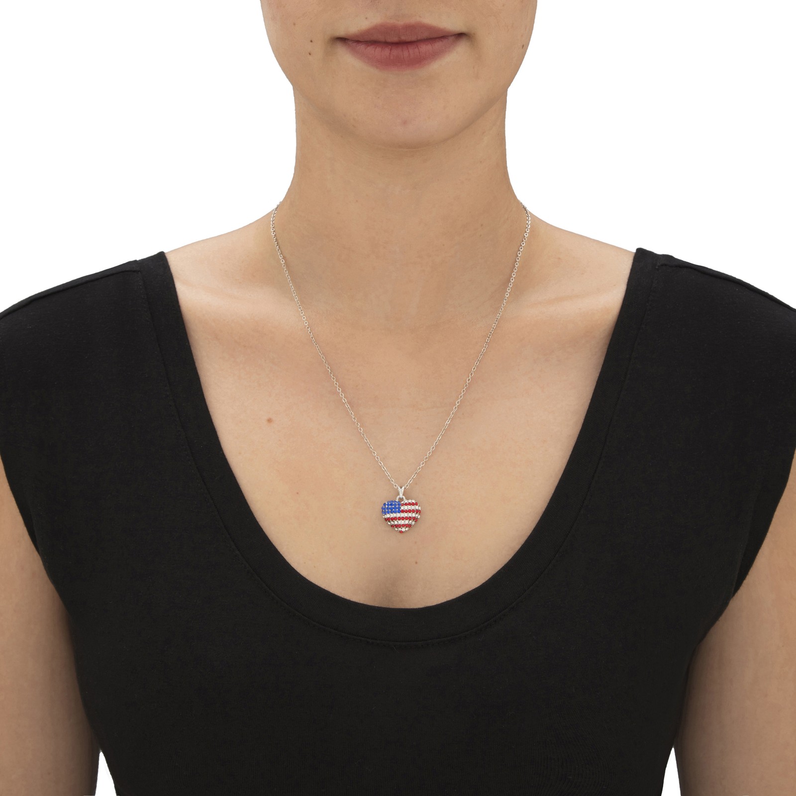 Red White and Blue Crystal Silvertone American Flag Patriotic Necklace 18″