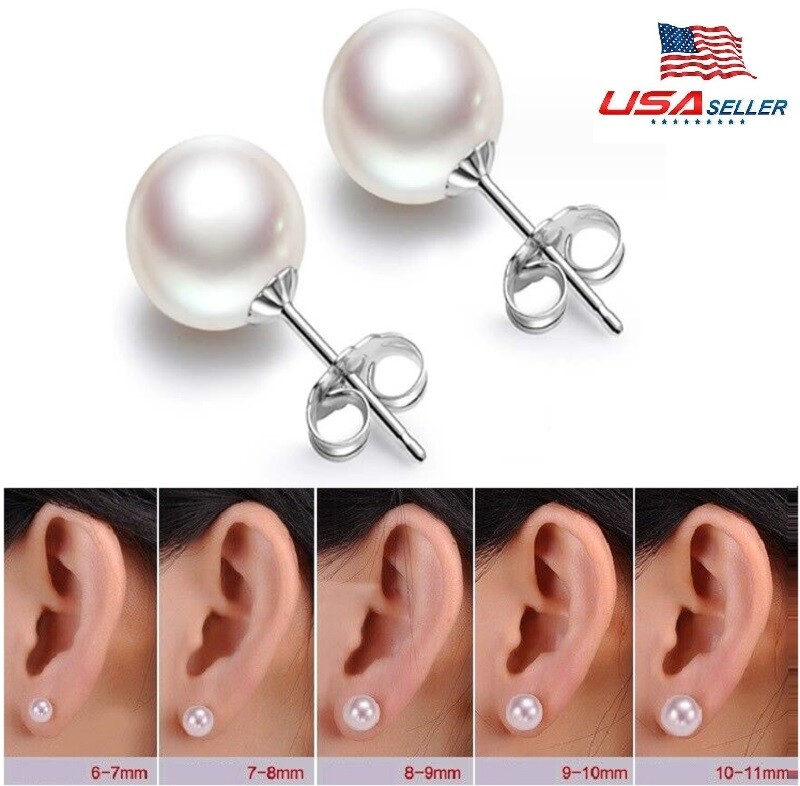 Genuine Cultured Freshwater White Pearl Stud Earrings Gift 925 Sterling Silver