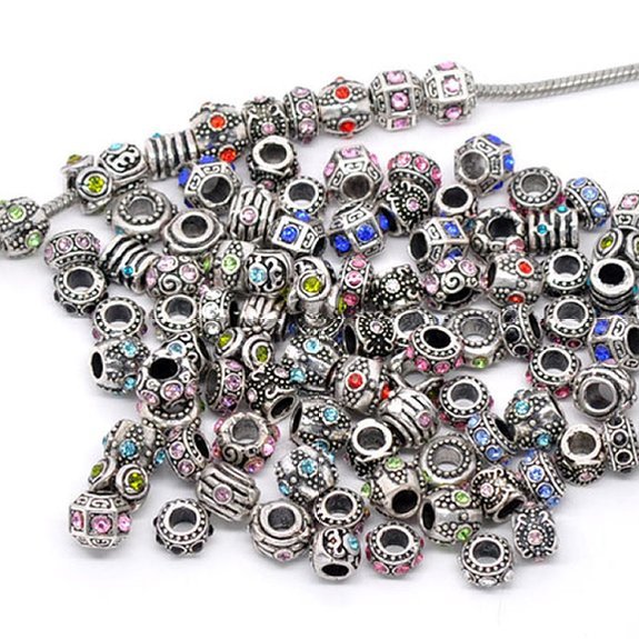 10PCs Mixed Silver Tone Rhinestone European Charm Spacer Beads Fit Bracelets