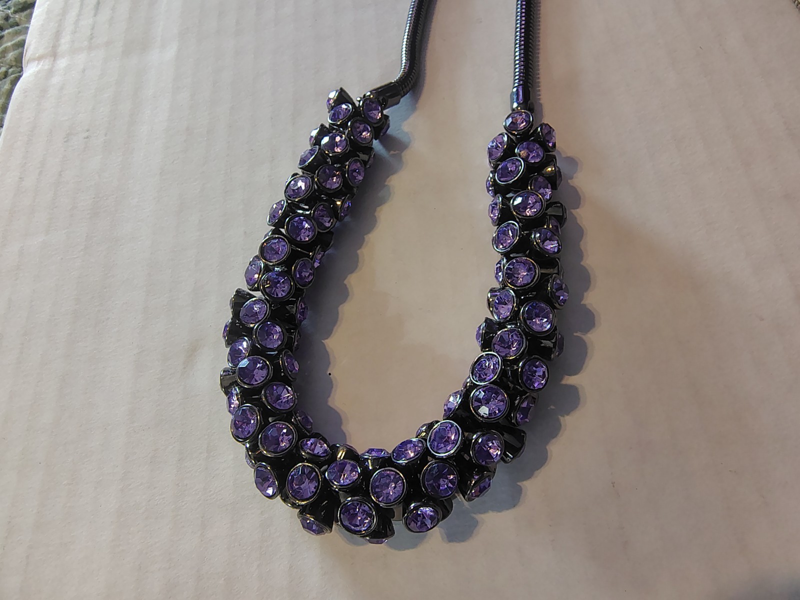 Chicos Purple Rhinestone Crystal Statement Bib Necklace Adjustable Bolo Tassel