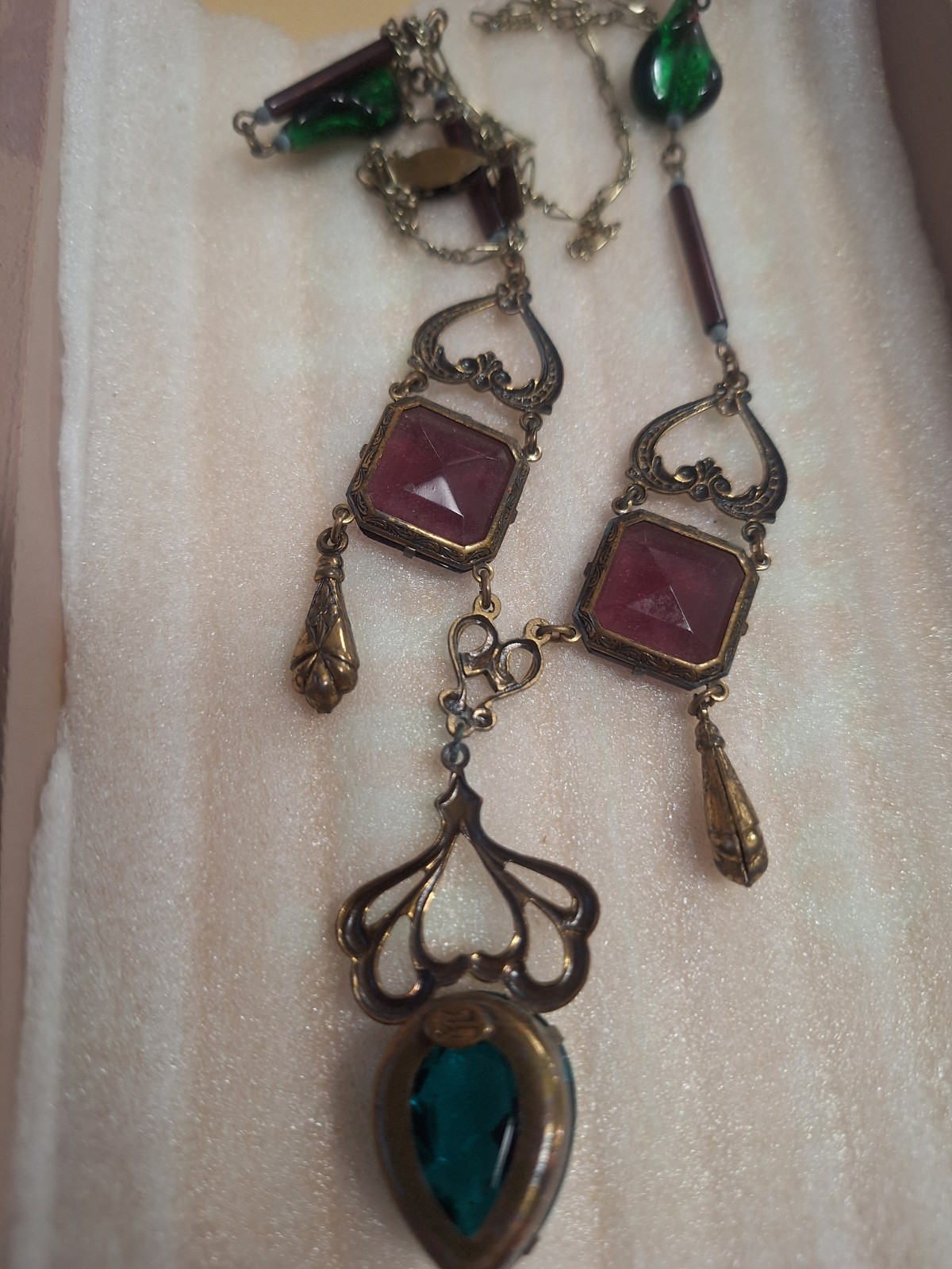Sadie Green signed art nouveau statement necklace green & purple glass