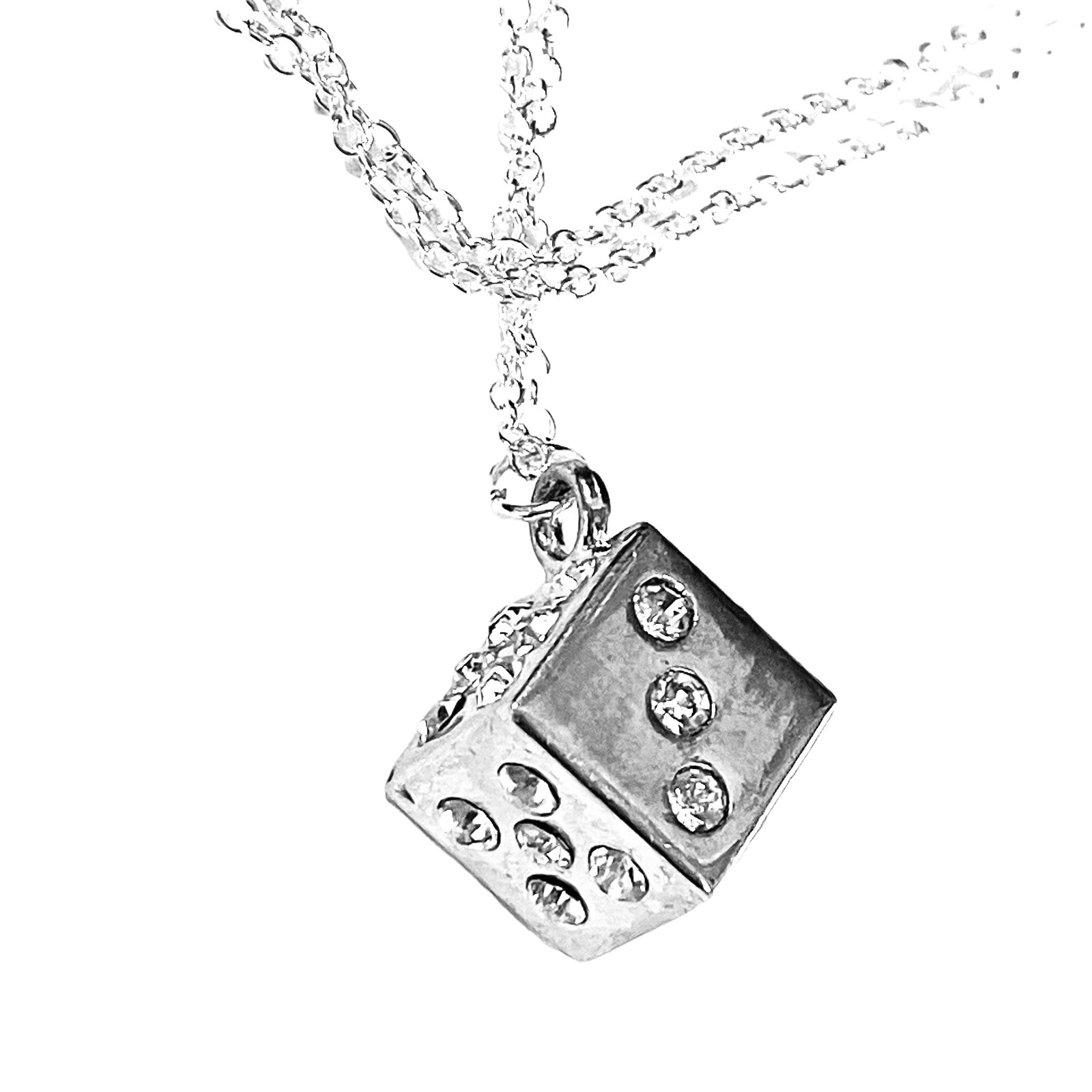 Silver Rhinestone Crystal Encrusted Dice Pendant Necklace on 18” Silver Chain
