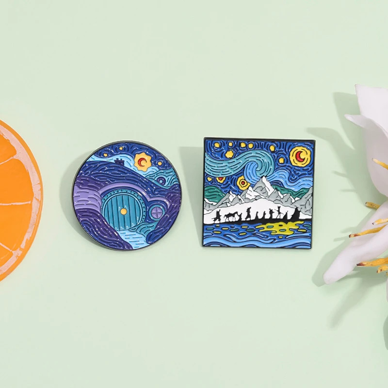 Van Gogh Starry Night Enamel Pin Brooch Set of 2 Gate of Kings Badge Jewelry Pin