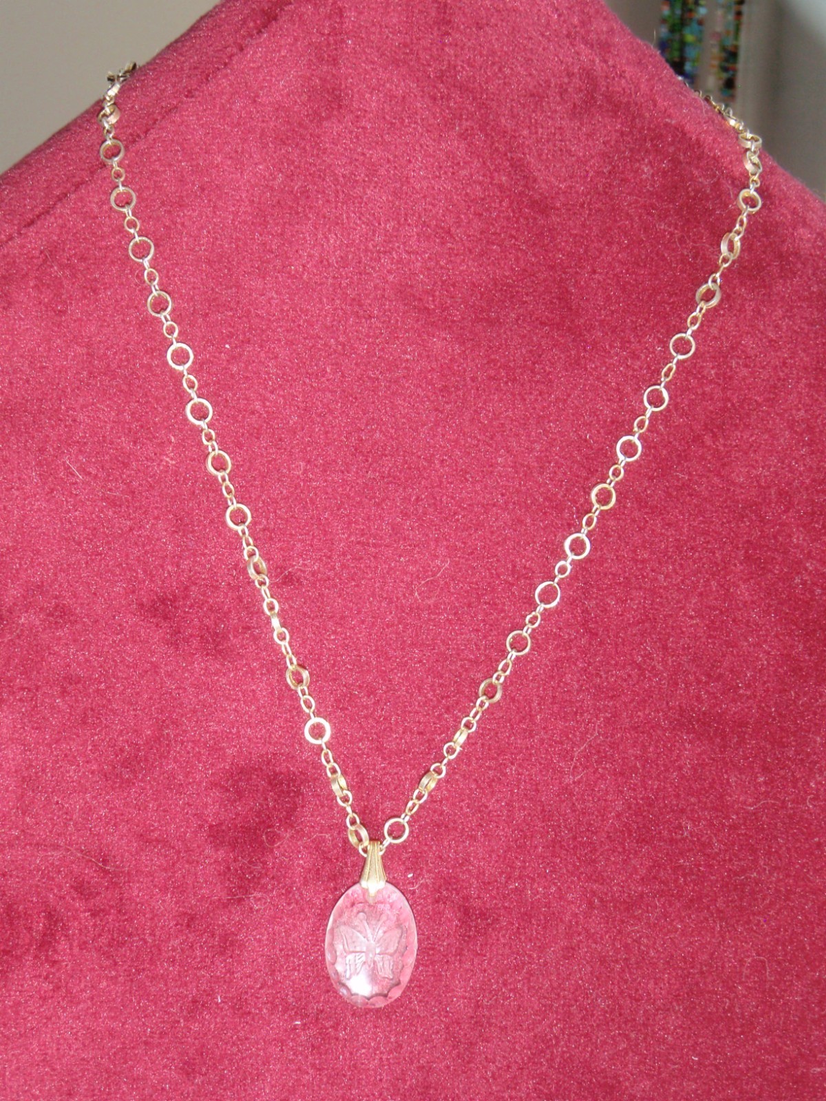 Necklace Frosted Glass Oval Butterfly 15″ Gold Tone Chain Whimsy Fairy MkUltra