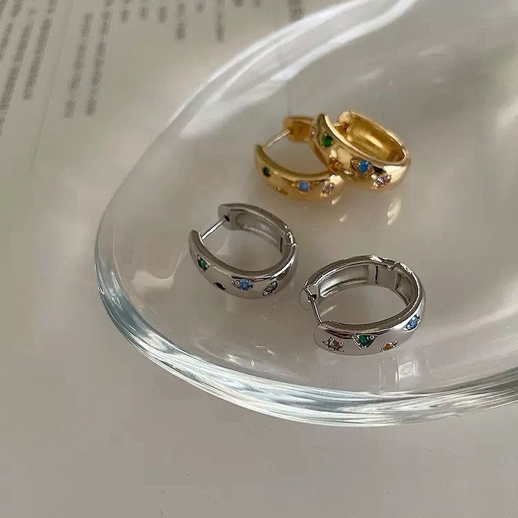 Colorful CZ Chunky Hoop Earrings For Women 925 Silver Hoop Earrings 022