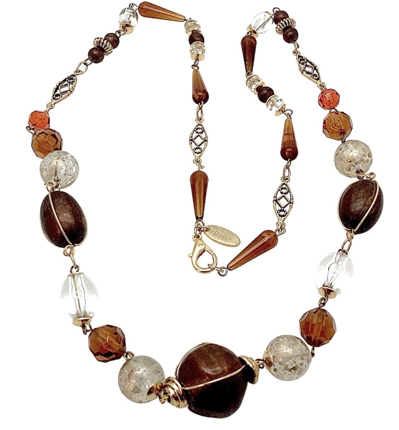 Italy Express 36” Long Beaded Necklace Gold Tone Mixed Materials Statement