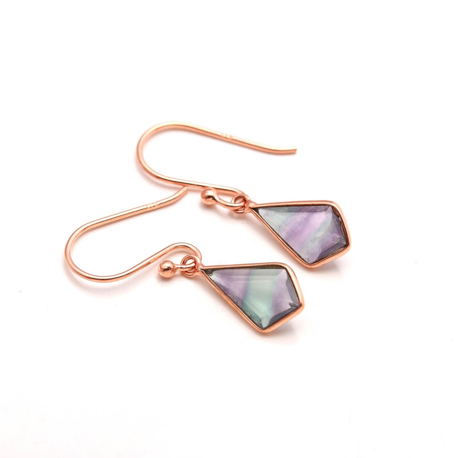 Natural Fluorite Kite Dangle Earrings Rose Gold Fill 925 Sterling Silver Jewelry