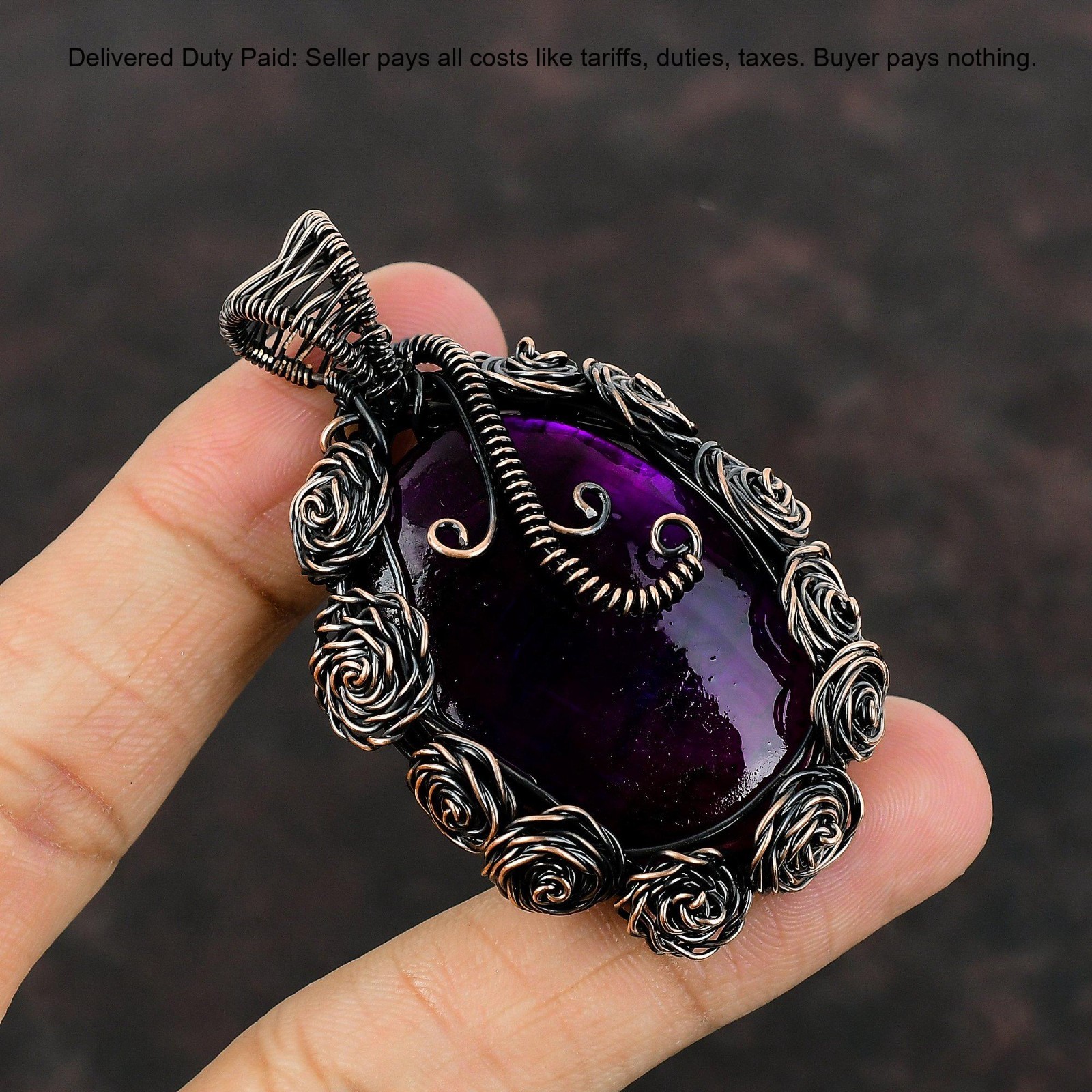 Oval Pink Fire Labradorite Gemstone Wire Wrap Flower Wife Pendant Jewelry Copper
