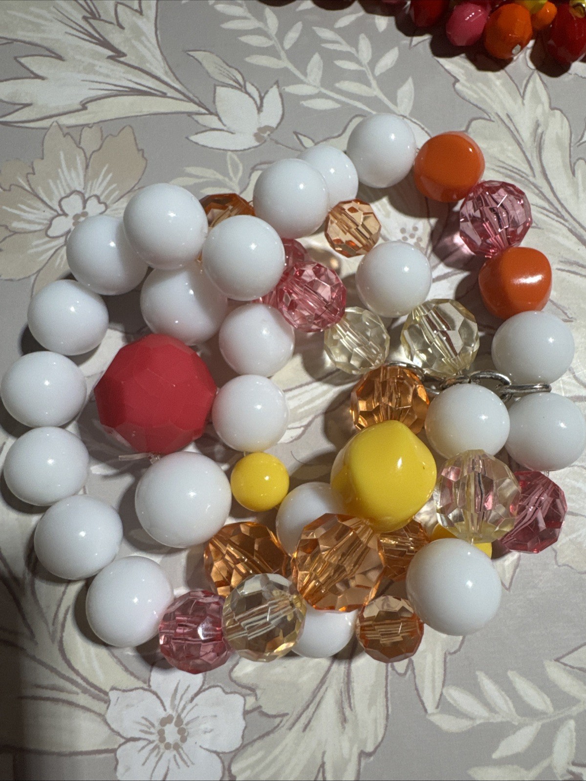 Lot Of 2 White Yellow Pink Orange Beaded Crystal Statement Bracelets Stretchy