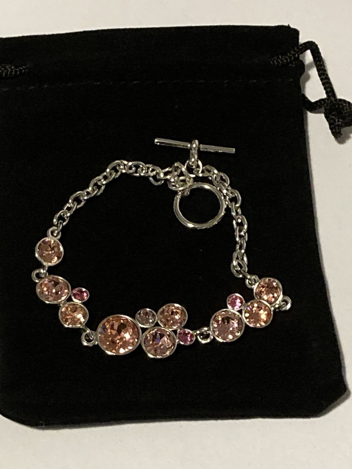 Silver Tone T Bar Bracelet Pink Sparkly (Swarovski Crystal?) Stones 7.5″ (9.69g