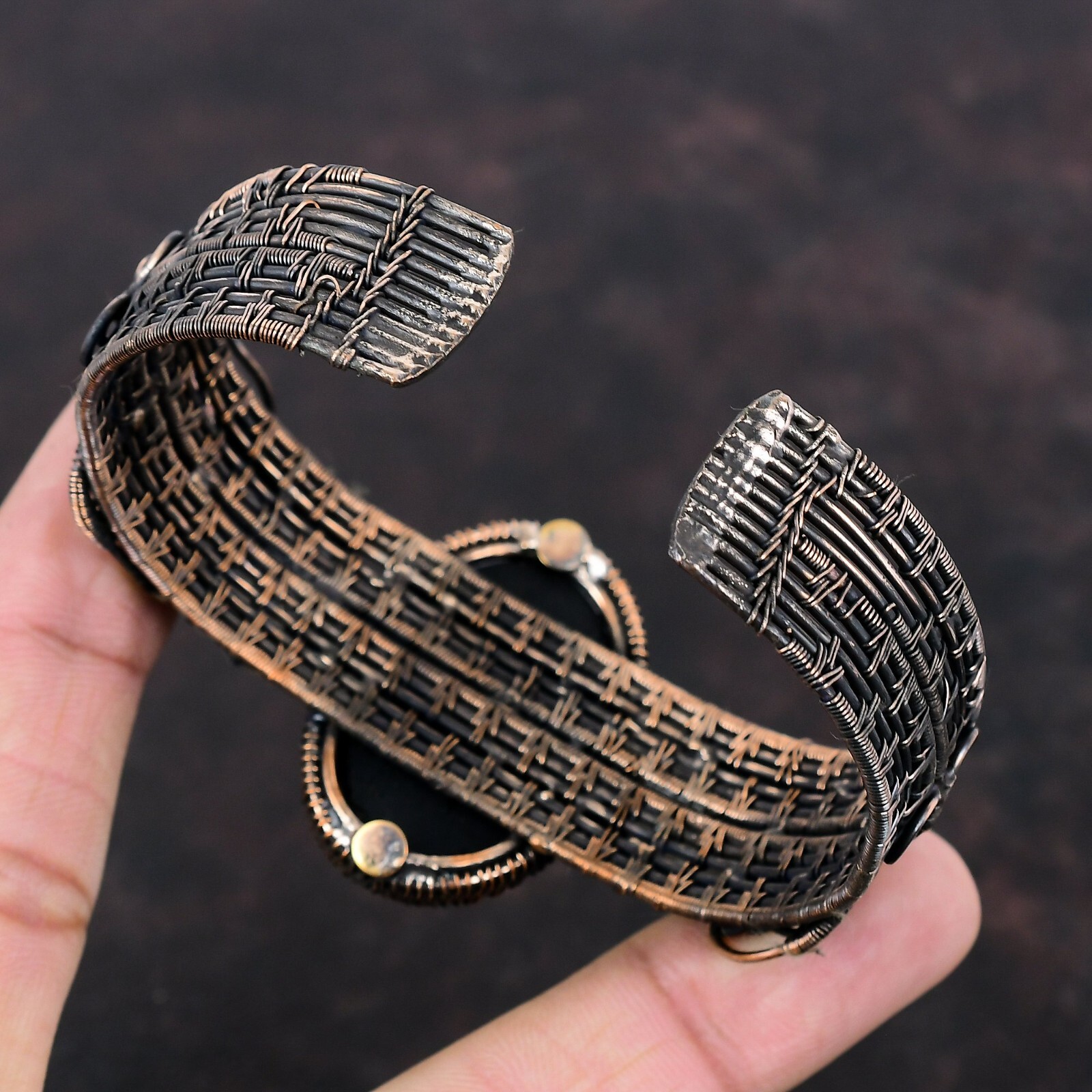 Black Tourmaline Rough Copper Mom Gift Wire Wrapped Adjustable Bangle