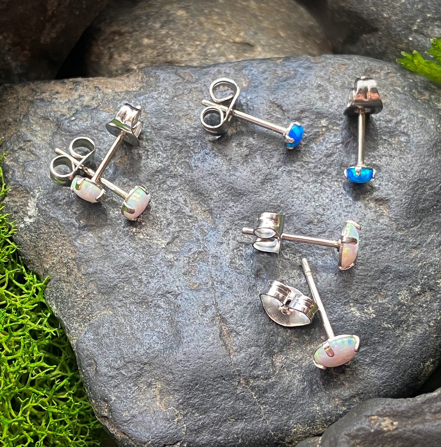 PAIR Prong Set Opal Earrings 316L Surgical Steel – choose from 2 colors, 3 sizes