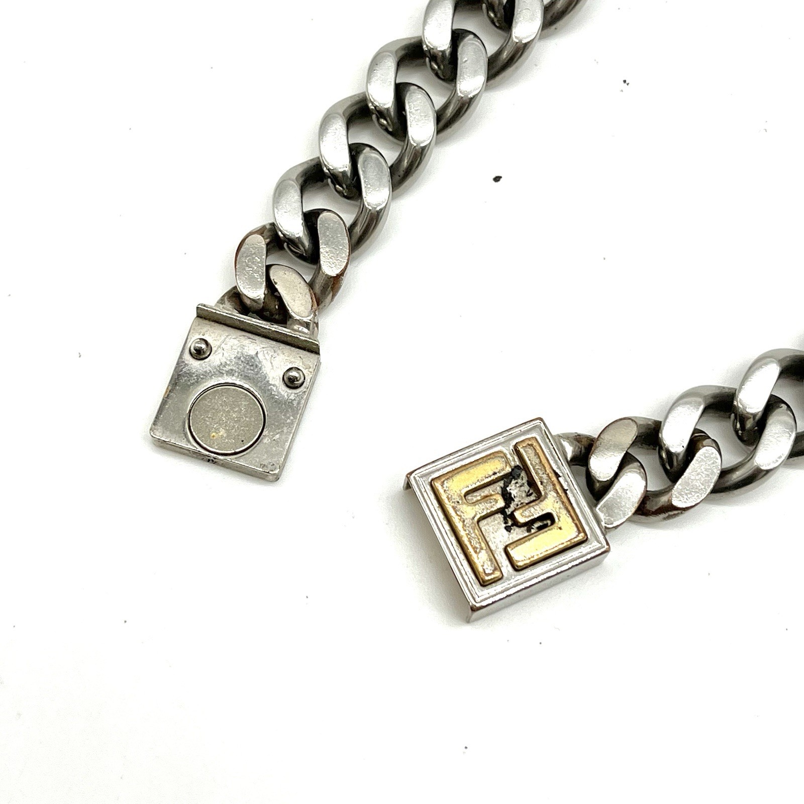 Auth Fendi FF Logo Curb Chain Necklace Men’s 50cm – Palladium Plated 2Y3097