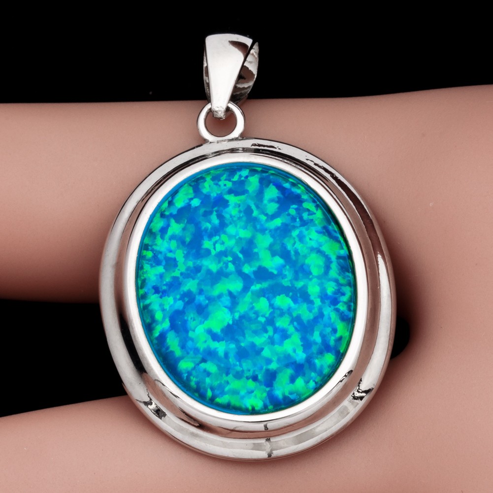 Oval Ocean Blue Fire Opal Cabochon Silver Jewelry Women Necklace Pendant