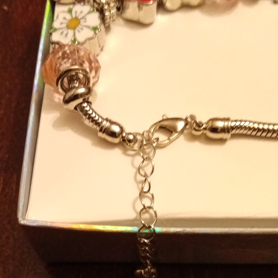 Silver Tone Snake Chain Charm Bracelet Pink Crystal Beads Heart