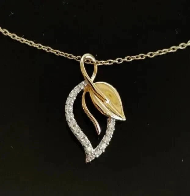 Women Leaf Pendant 18″ Chain 14K Yellow Gold Plated Simulated Round Cut Diamond