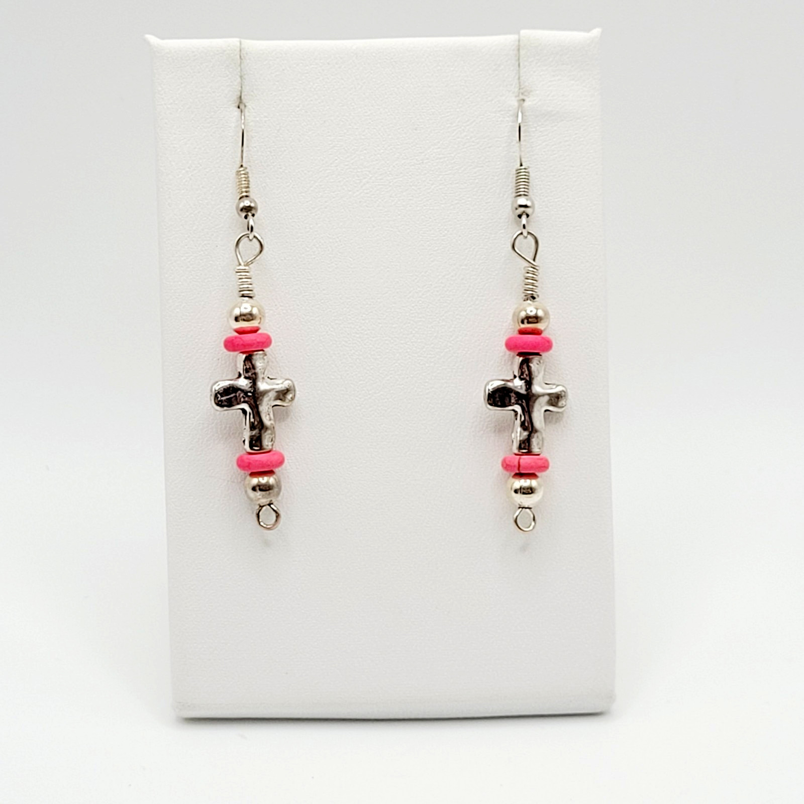 Southwestern Silver Tone Cross w Pink Ceramic Bead Metal Hook Pierced Earrings