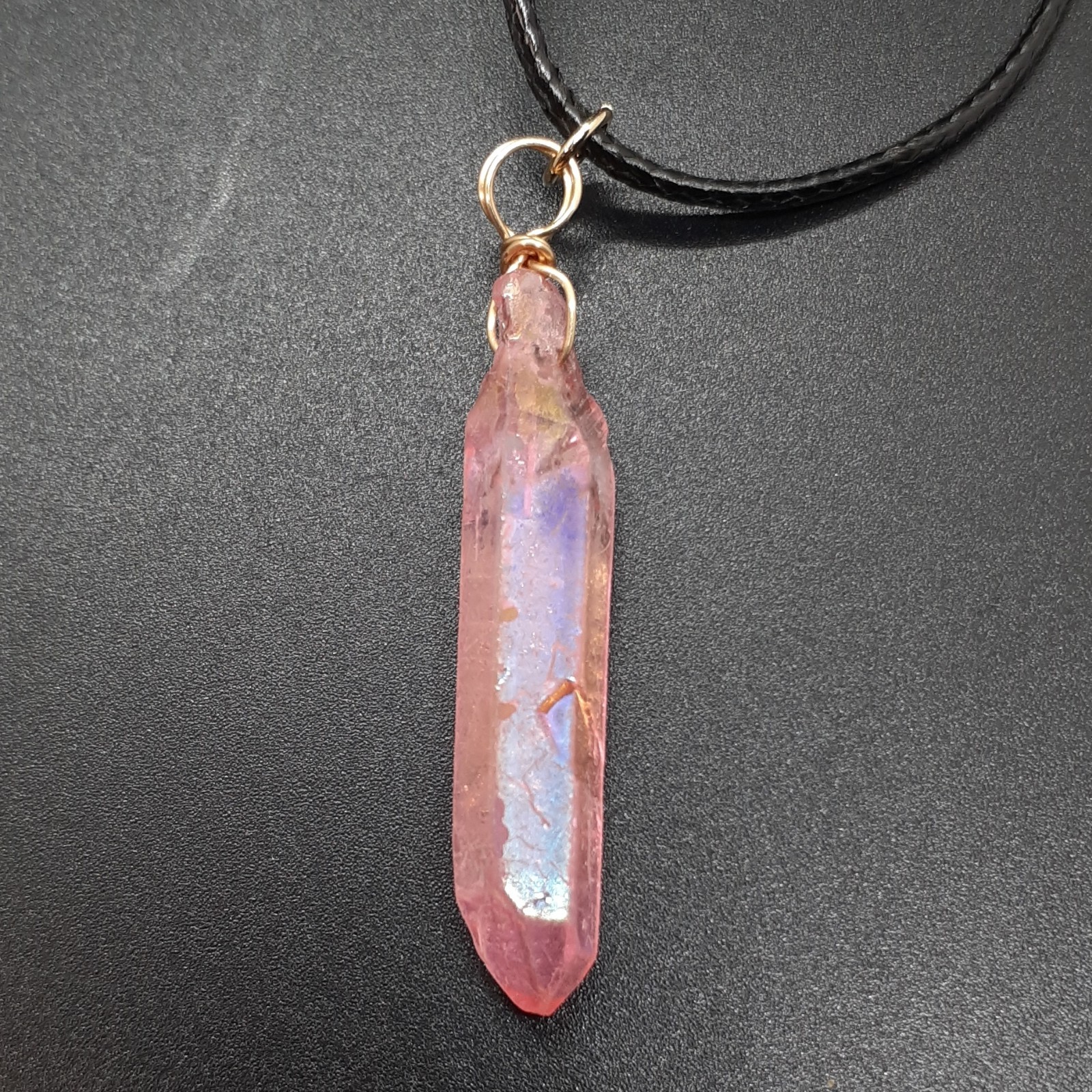 Pink Crystal Point Pendant Necklace Black Cord Adjustable Iridescence