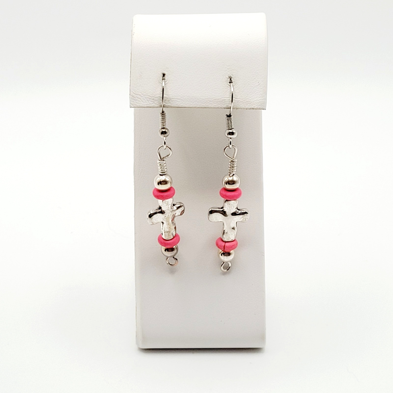 Southwestern Silver Tone Cross w Pink Ceramic Bead Metal Hook Pierced Earrings