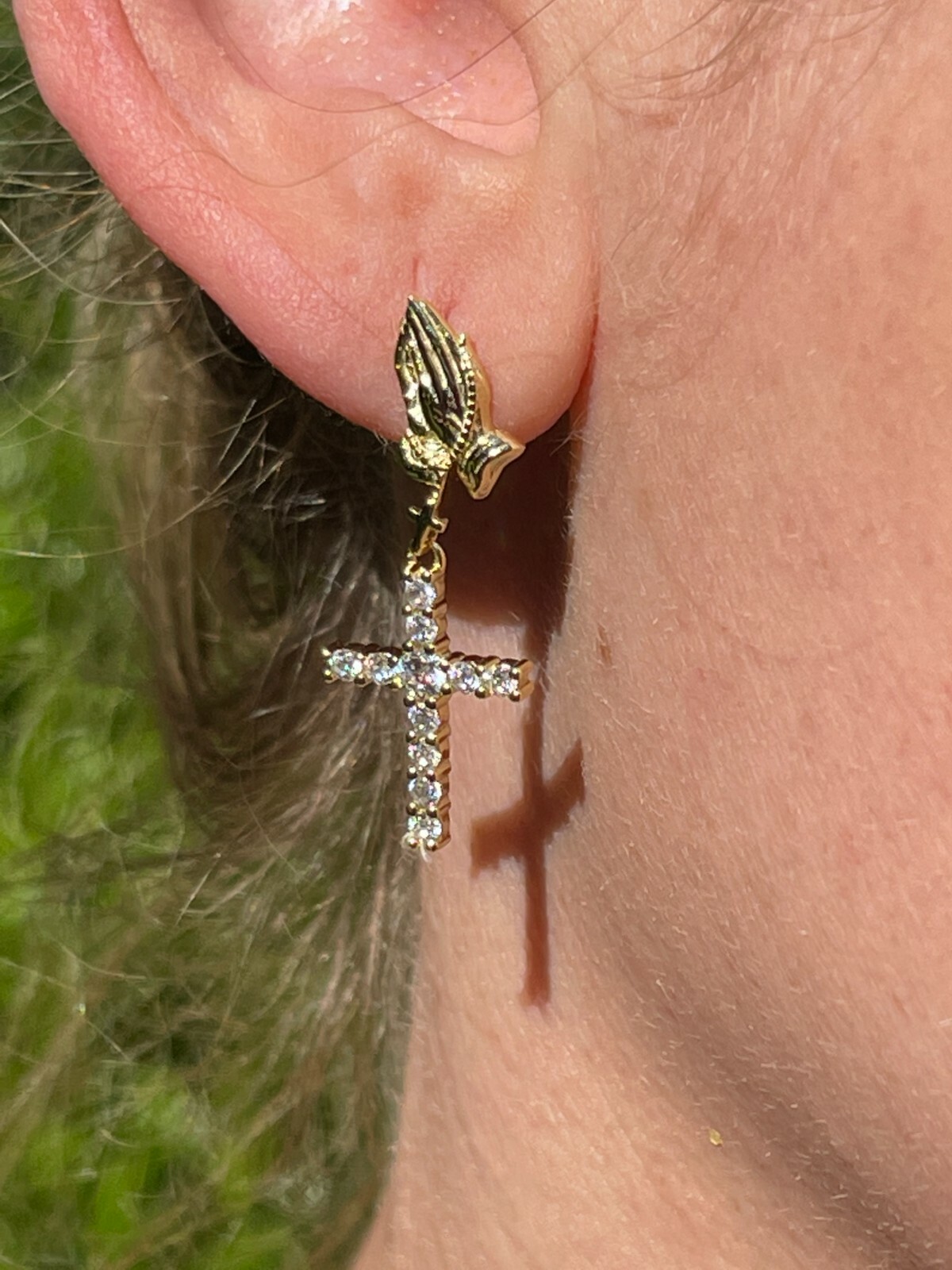 14k Gold Plated Real 925 Sterling Silver Praying Hands Cross Dangle Earrings