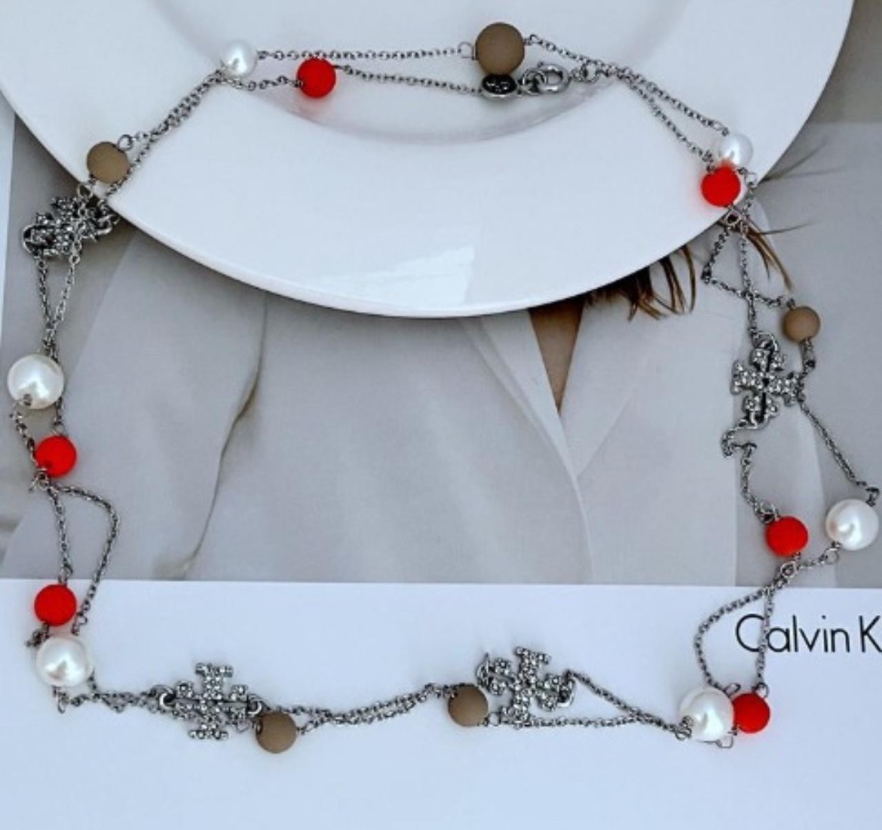 New Burch Kira Silver And Pearl And Red Bizu Long Necklace with Pouch 98Cm