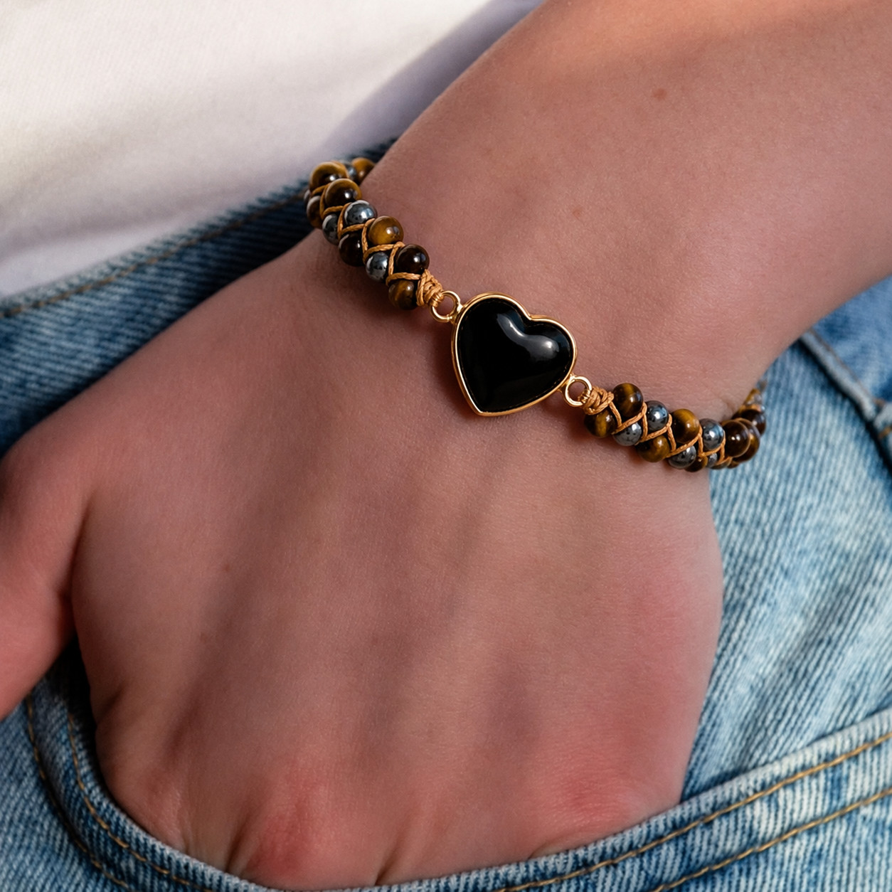 Triple Protection Bracelet Tiger Eye Obsidian Hematite Heart Braided Jewelry