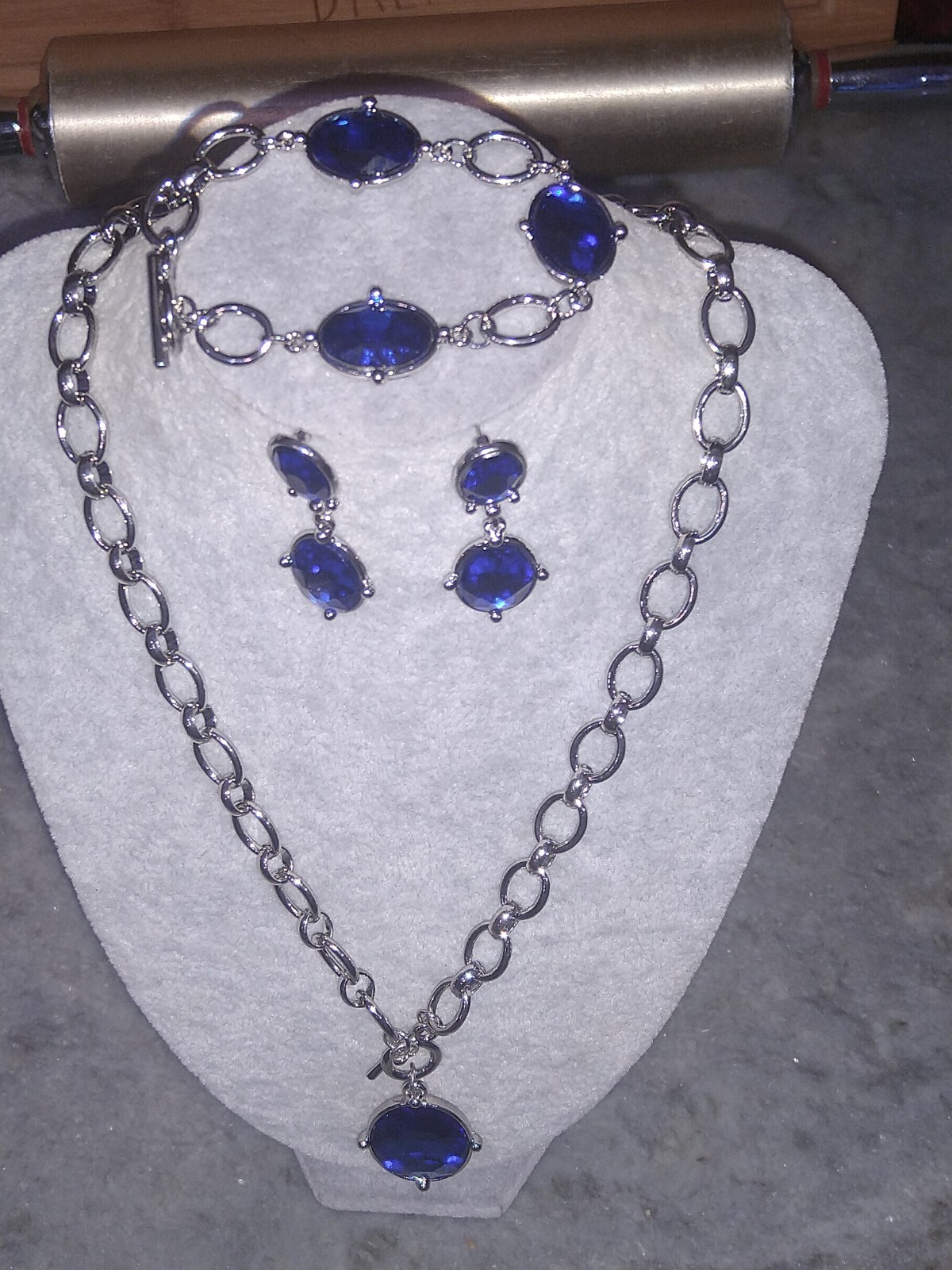 Set of 3 Sim. Blue SapphireLinkedChainNcklce,20.5 ,Brclet,Earrings,Silvrtone