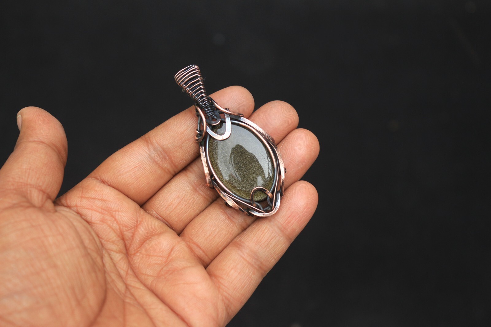 Golden Sheen Obsidian Copper Pendant Wire Wrap Gemstone fashion Jewelry N474