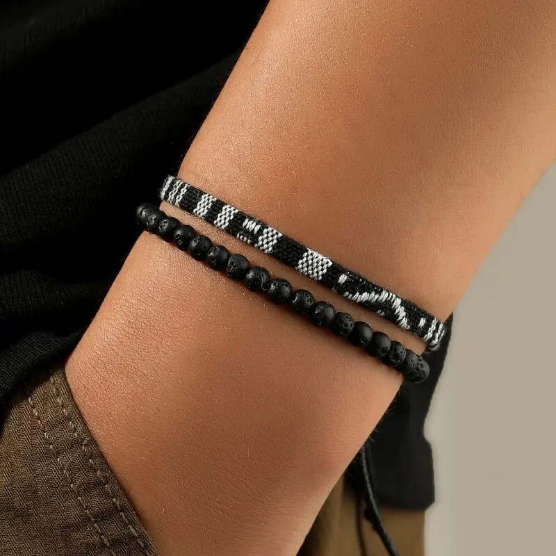2pcs Handmade Natural Lava Rock Stone Surfer Rope Braided Bracelet Boho Gift