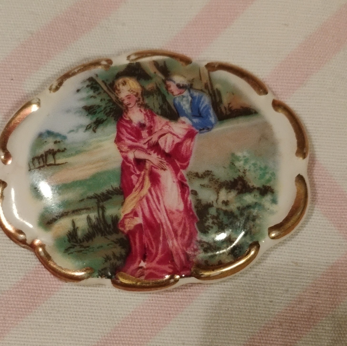 Oval Porcelain & Metal Brooch Pin Multicolor Painted Art Scene, No Stone