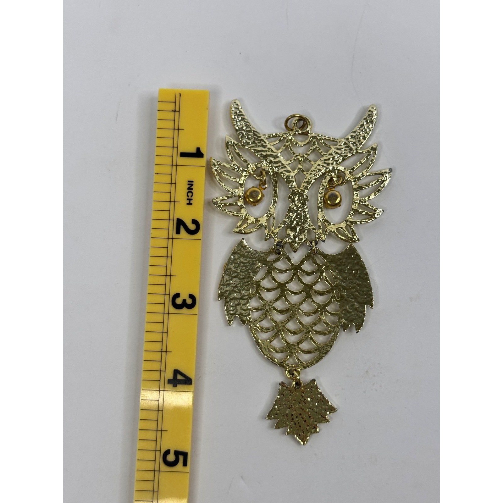 Gold Tone Articulated Owl Pendant Rhinestone Eyes Filigree Statement Bird Boho