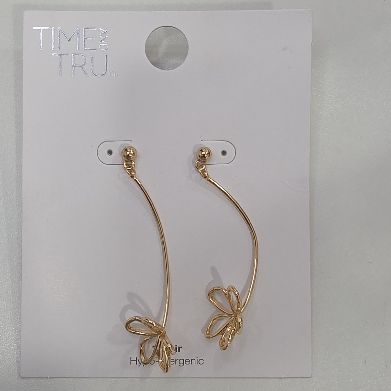 Time and Tru Gold Tone Flower Hoop Dangle Earrings Hypoallergenic Butterfly
