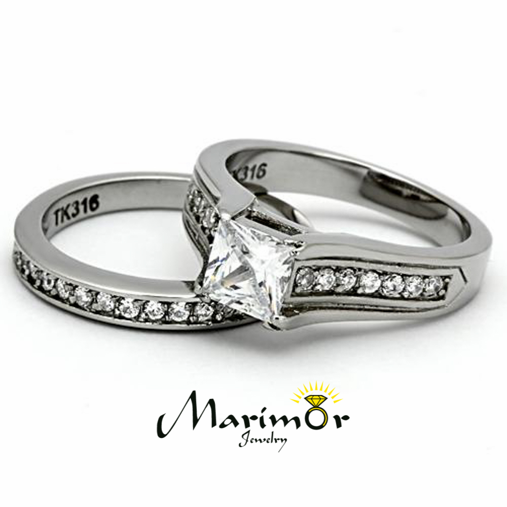 Princess Cut Zirconia Stainless Steel 316 Wedding Ring Band Set Women’s Sz 5-11
