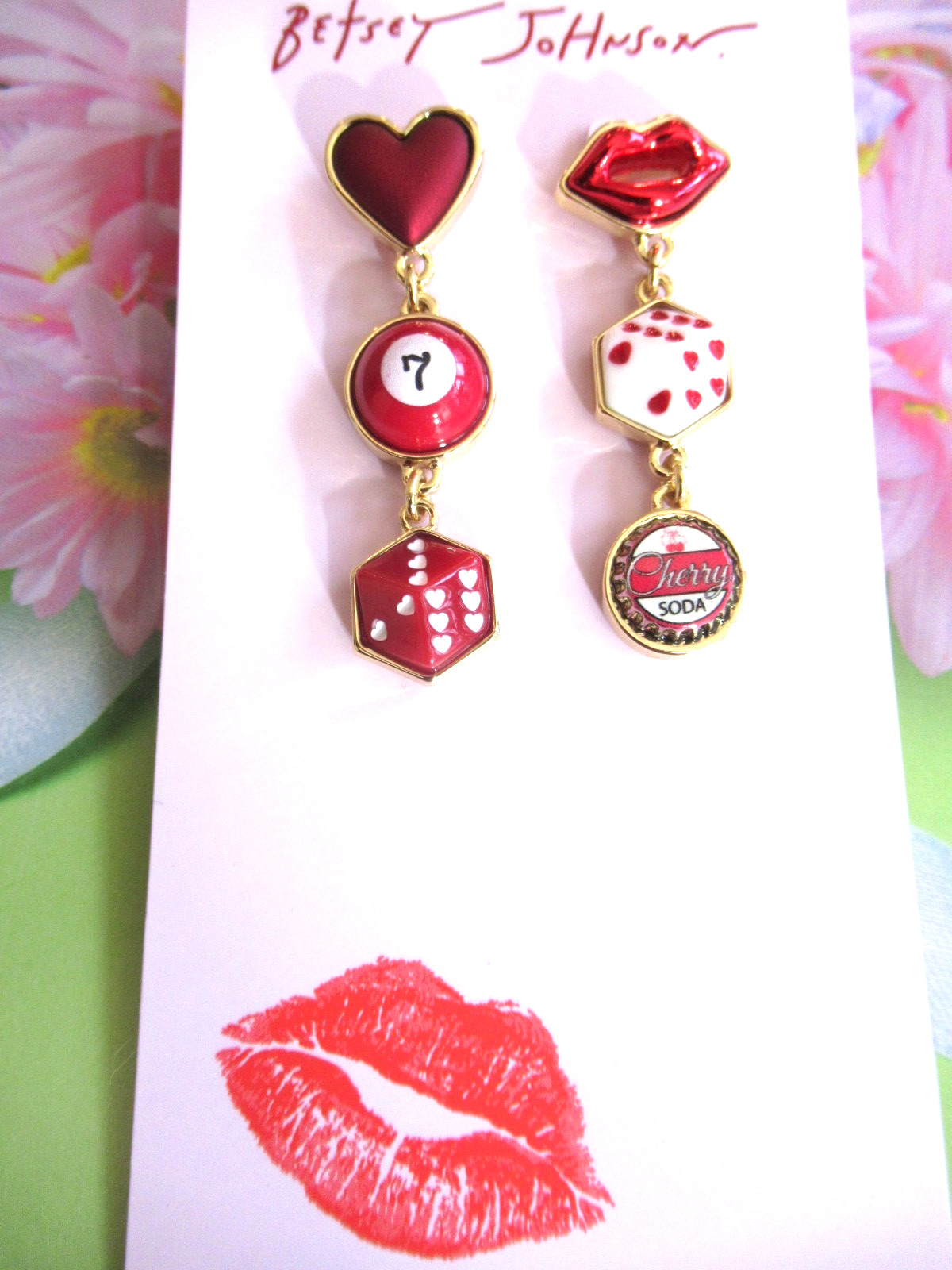 Betsey Johnson Authentic Red Lucky Dice Cherry Soda Hearts Drop Earrings NWT