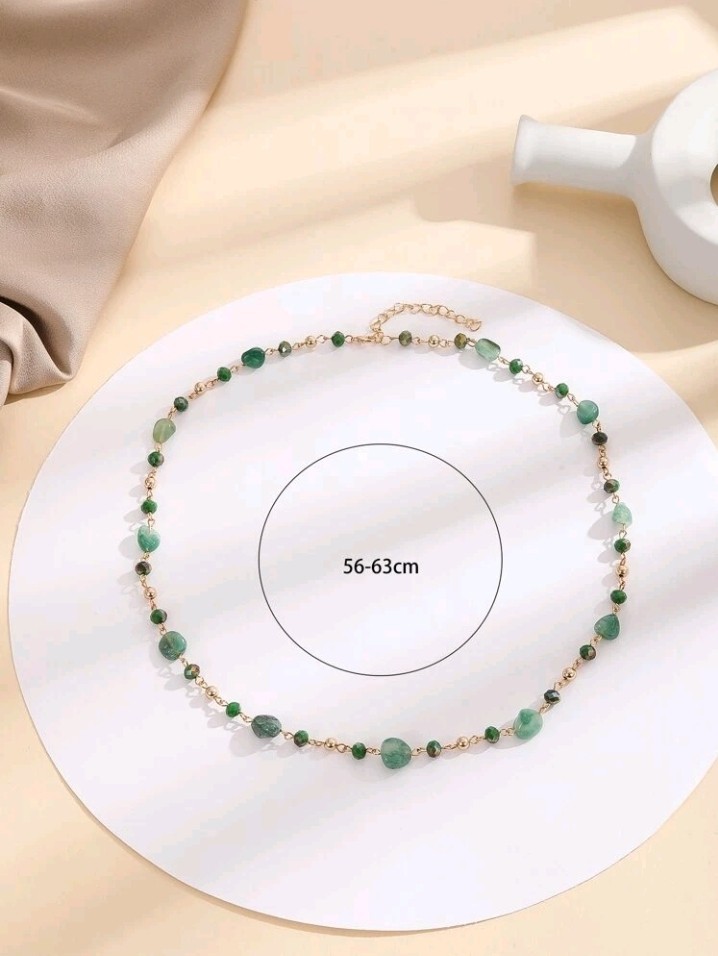 Green Stones with Gold Accent Fashionable Long Necklace For Everyday Wear