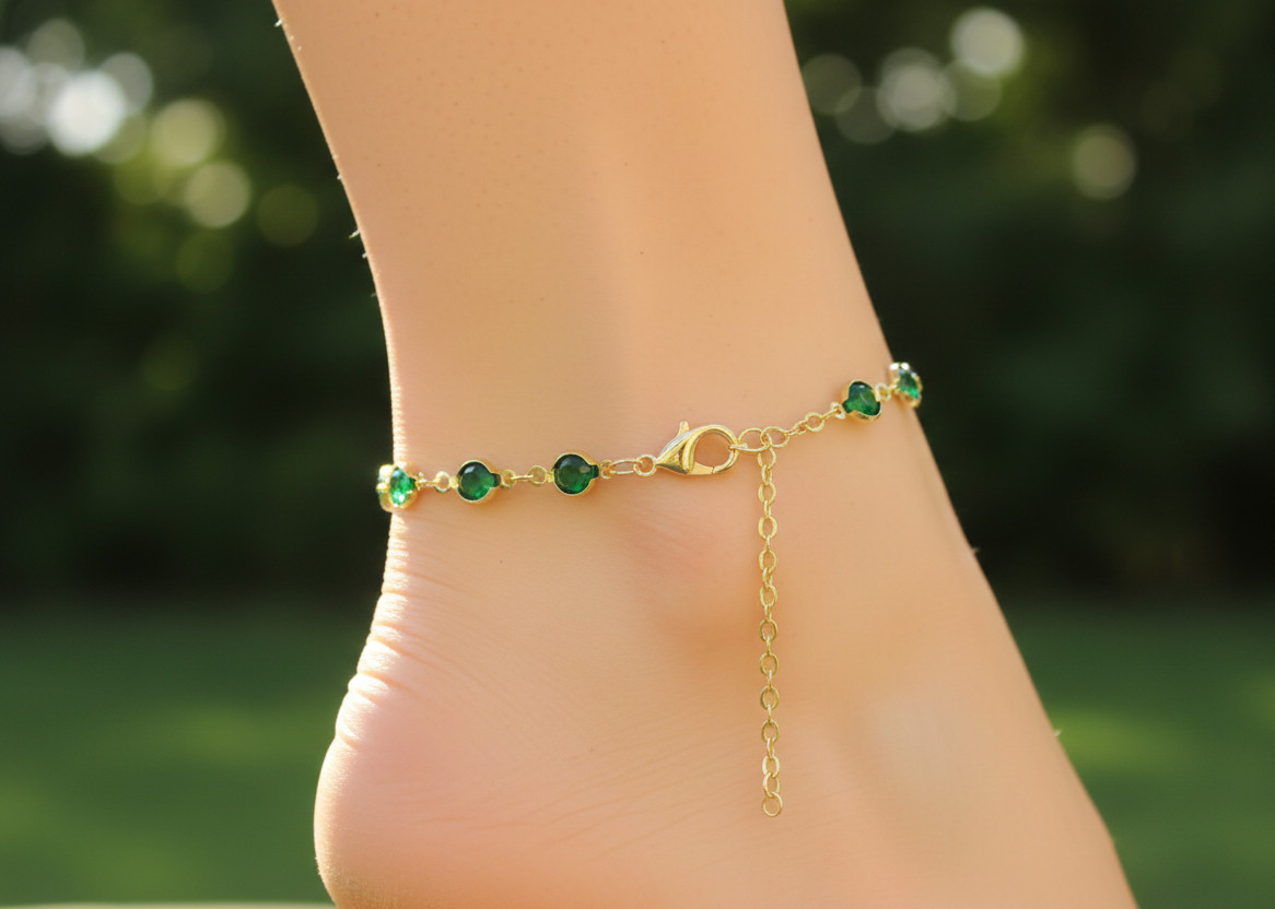 Elegant Gold Color Emerald Green Stone Anklet 18K Gold Plated Designer Anklet