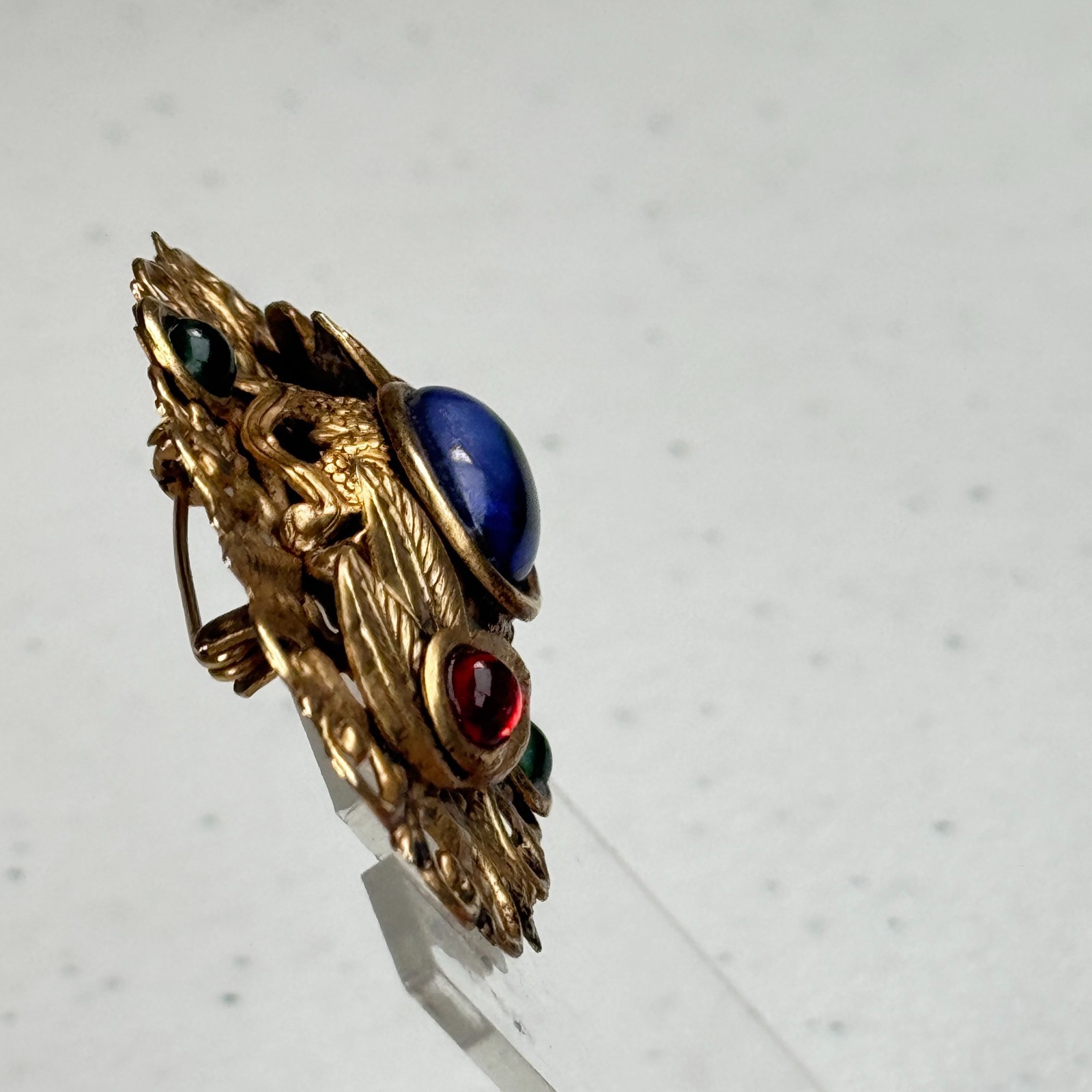 Vintage Brooch Blue Red Green jewel tone Gold Tone Ornate Floral Filigree mcm