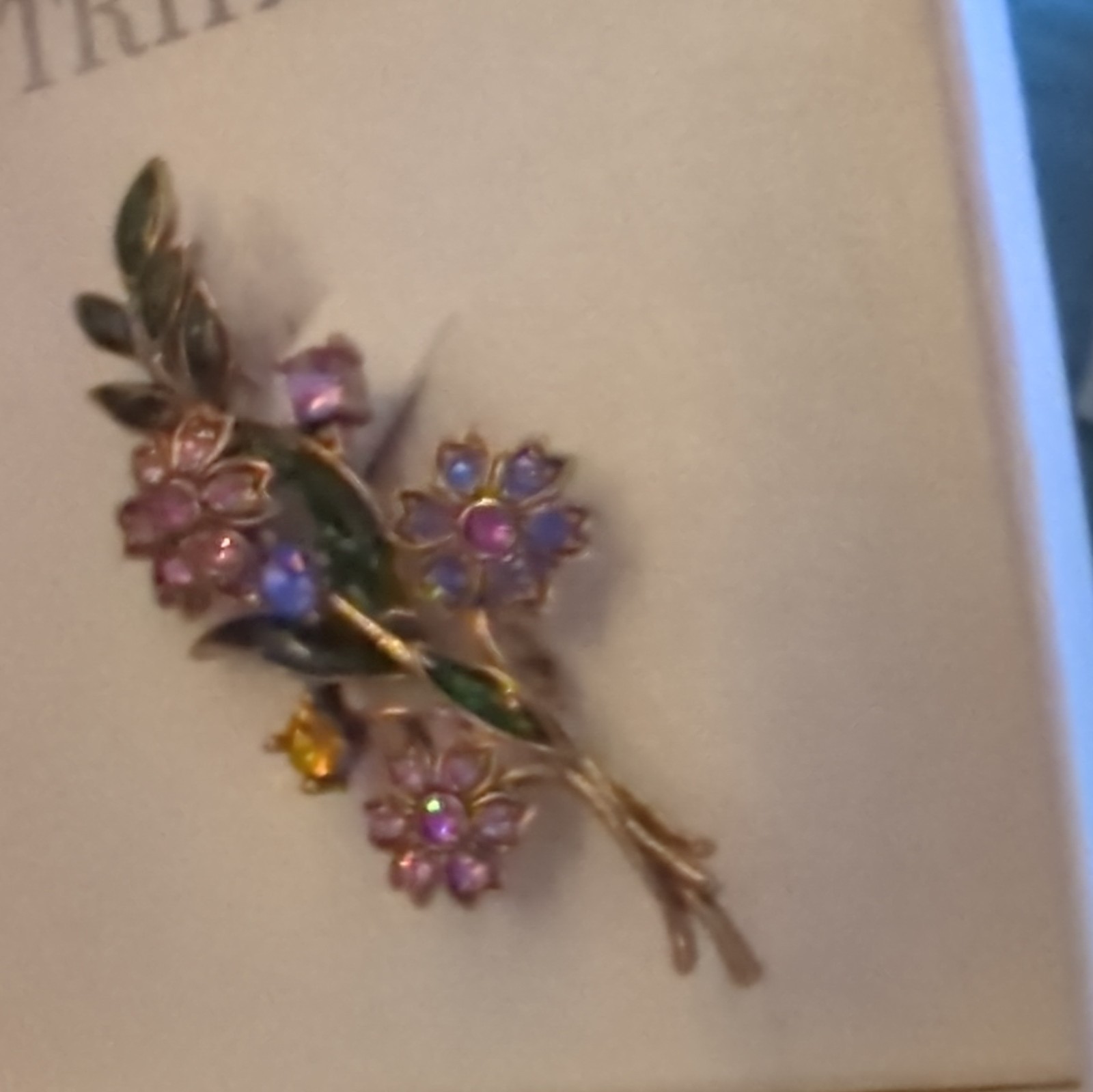 Trifari Floral Gold Tone Brooch Pin Pink Rhinestone Green Leaves Purple